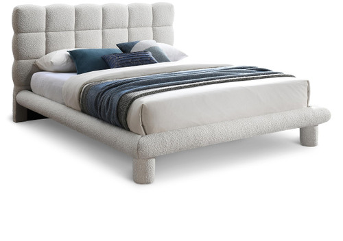DecoCream-F Deco Collection Modern | Contemporary Full Bed with Rich Black Boucle Fabric and Deep Channel Biscuit Tufting, 65" W x 84.5" D x 45.5" H, Cream, Full