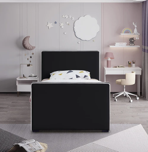 DillardBlack-T Dillard Collection Modern | Contemporary Velvet Upholstered Bed with Dark Espresso Wood Legs, 42" W x 82.5" D x 39" H, Black, Twin