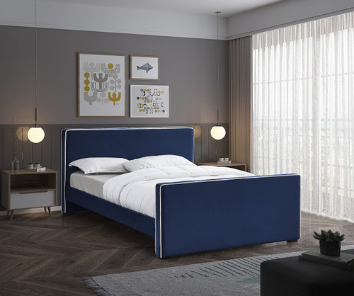 DillardNavy-K Dillard Collection Modern | Contemporary Velvet Upholstered Bed with Dark Espresso Wood Legs, 78.5" W x 88.5" D x 39" H, Navy, King