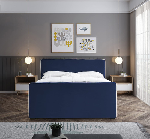 DillardNavy-K Dillard Collection Modern | Contemporary Velvet Upholstered Bed with Dark Espresso Wood Legs, 78.5" W x 88.5" D x 39" H, Navy, King