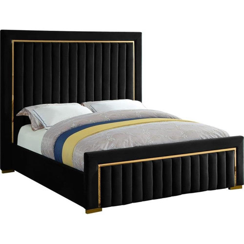 Dolce Collection Modern | Contemporary Velvet Upholstered Bed with Luxurious Channel Tufting and Gold Metal Trim/Legs, Queen, Black