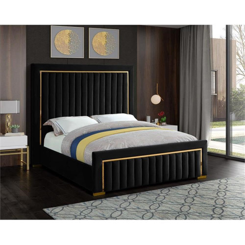Dolce Collection Modern | Contemporary Velvet Upholstered Bed with Luxurious Channel Tufting and Gold Metal Trim/Legs, Queen, Black