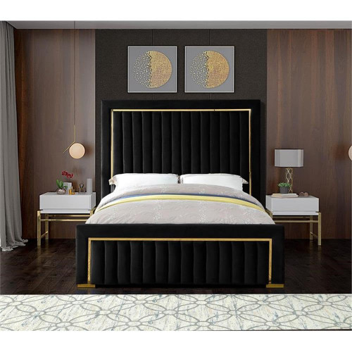 Dolce Collection Modern | Contemporary Velvet Upholstered Bed with Luxurious Channel Tufting and Gold Metal Trim/Legs, Queen, Black