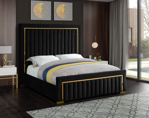 Dolce Collection Modern | Contemporary Velvet Upholstered Bed with Luxurious Channel Tufting and Gold Metal Trim/Legs, King, Black