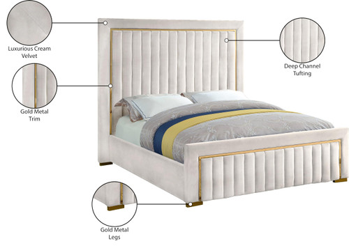 Dolce Collection Modern | Contemporary Velvet Upholstered Bed with Luxurious Channel Tufting and Gold Metal Trim/Legs, King, Cream