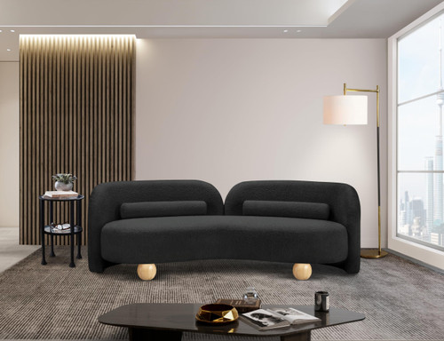 Black-S Daphne Collection Art Deco Sofa with Rich Black Boucle Fabric, Solid Wood Ball Legs, Solid Wood Inner Frame, 89" W x 39" D x 29" H, Black