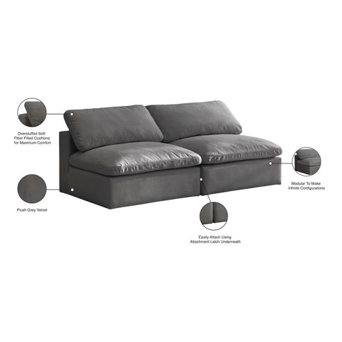 Grey-S78 Cozy Collection Contemporary Fiber Filled Comfort Overstuffed Velvet Upholstered Modular Sofa Seating for 2 Armless Grey