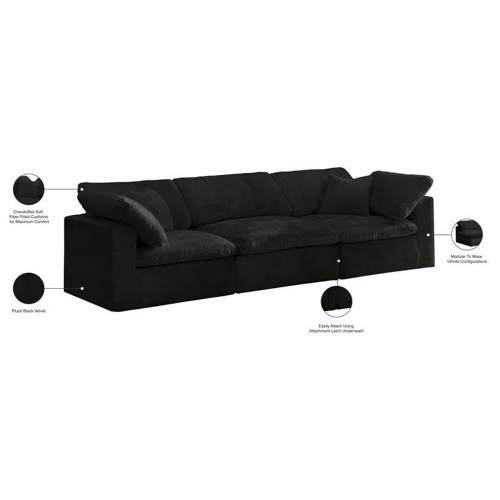 Black-S119 Cozy Collection Contemporary Fiber Filled Comfort Overstuffed Velvet Upholstered Modular Sofa Seating for 3 Black