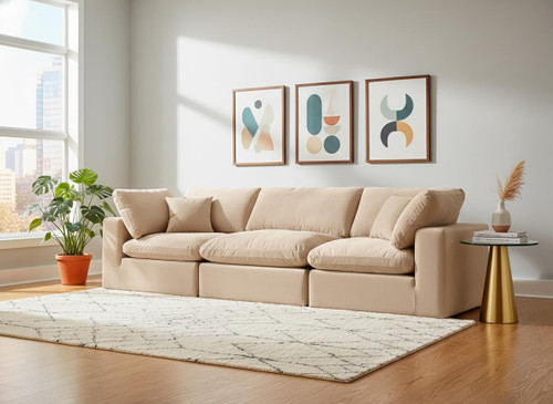 Beige-S119 Comfy Collection Modern | Contemporary Upholstered Modular Sofa with Soft Beige Velvet, Down Feather Cushions, 119" W x 40" D x 34.5" H, Beige