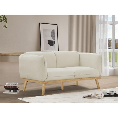 Cream-L Nolita Collection Mid-Century Modern Boucle Fabric Upholstered Loveseat with Rich Cream Boucle Fabric, Natural Finish Solid Wood Base, 62.5" W x 32.5" D x 32" H, Cream