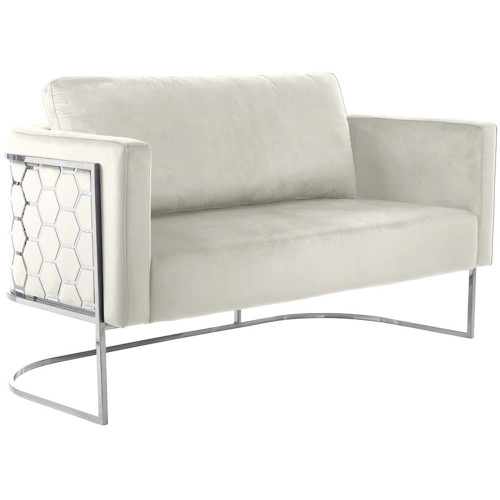 Cream-L Casa Collection Velvet Upholstered Loveseat with Chrome Iron Metal Design and Chrome Finish, Cream, 63.5" W x 29.5" D x 31" H