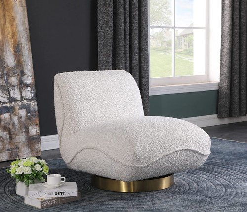 Cream Geneva Collection Modern | Upholstered Swivel Accent Chair with Rich Cream Boucle Fabric, Brushed Gold Metal Base, Solid Wood Frame, 29" W x 35" D x 27.5" H, Cream