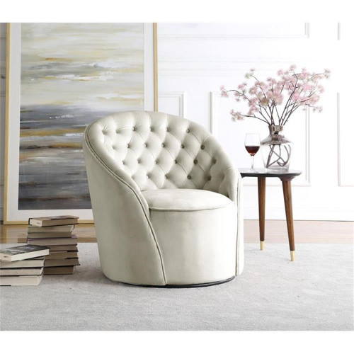 Cream Alessio Collection Modern | Contemporary Velvet Upholstered Swivel Base Accent Chair with Deep Button Tufting and Rounded Design, Cream, 30" W x 28.5" D x 32" H