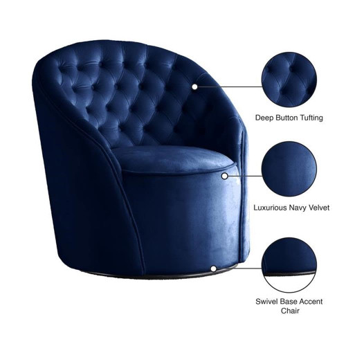Navy Alessio Collection Modern | Contemporary Velvet Upholstered Swivel Base Accent Chair with Deep Button Tufting and Rounded Design, Navy, 30" W x 28.5" D x 32" H