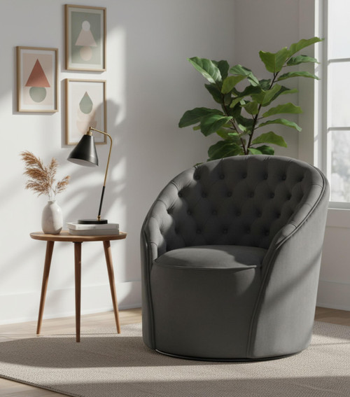 Grey Alessio Collection Modern | Contemporary Velvet Upholstered Swivel Base Accent Chair with Deep Button Tufting and Rounded Design, Grey, 30" W x 28.5" D x 32" H