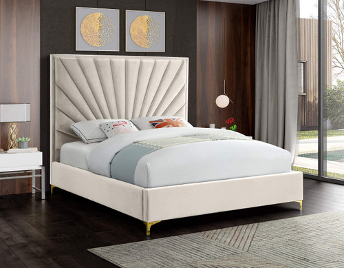 EclipseCream-F Eclipse Collection Modern | Contemporary Velvet Upholstered, Channel Tufted, Complete Sets of Gold and Chrome Legs Included, 59.5" W x 81.5" D x 59.5" H, Full, Cream