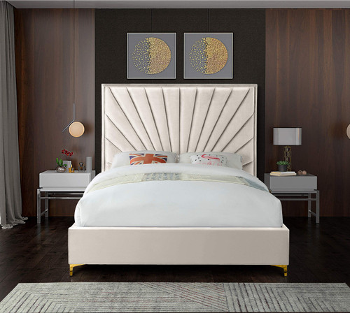 EclipseCream-F Eclipse Collection Modern | Contemporary Velvet Upholstered, Channel Tufted, Complete Sets of Gold and Chrome Legs Included, 59.5" W x 81.5" D x 59.5" H, Full, Cream