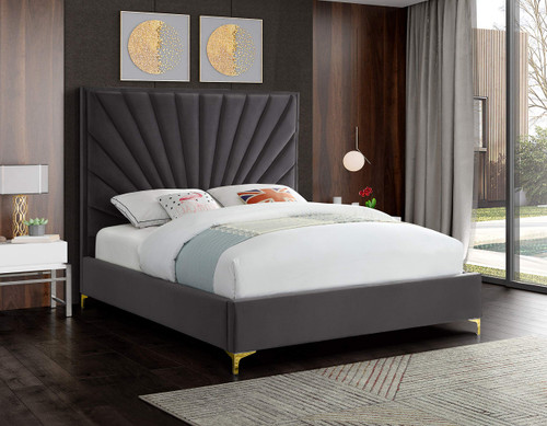 Eclipse Collection Modern | Contemporary Velvet Upholstered Bed with Channel Tufted Design and Complete Sets of Gold and Chrome Legs Included, Full, Grey