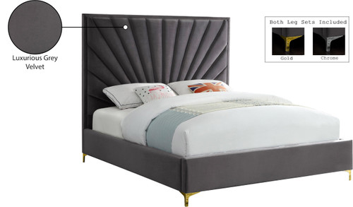 Eclipse Collection Modern | Contemporary Velvet Upholstered Bed with Channel Tufted Design and Complete Sets of Gold and Chrome Legs Included, Full, Grey