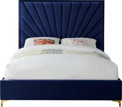 Eclipse Collection Modern | Contemporary Velvet Upholstered Bed with Channel Tufted Design and Complete Sets of Gold and Chrome Legs Included, Queen, Navy