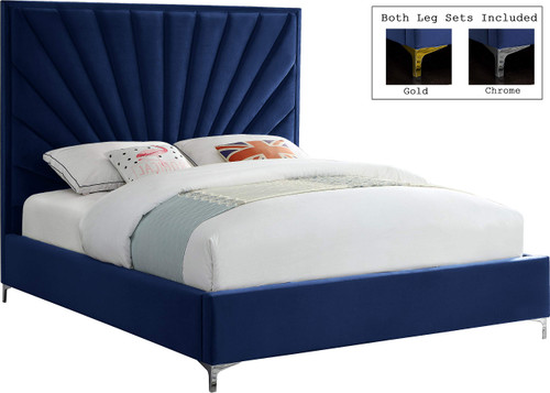 Eclipse Collection Modern | Contemporary Velvet Upholstered Bed with Channel Tufted Design and Complete Sets of Gold and Chrome Legs Included, Queen, Navy