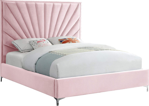 Eclipse Collection Modern | Contemporary Velvet Upholstered Bed with Channel Tufted Design and Complete Sets of Gold and Chrome Legs Included, Queen, Pink