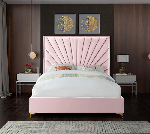 Eclipse Collection Modern | Contemporary Velvet Upholstered Bed with Channel Tufted Design and Complete Sets of Gold and Chrome Legs Included, Queen, Pink