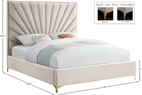 Eclipse Collection Modern | Contemporary Velvet Upholstered Bed with Channel Tufted Design and Complete Sets of Gold and Chrome Legs Included, Queen, Cream