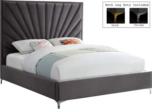 Eclipse Collection Modern | Contemporary Velvet Upholstered Bed with Channel Tufted Design and Complete Sets of Gold and Chrome Legs Included, Queen, Grey