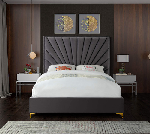 Eclipse Collection Modern | Contemporary Velvet Upholstered Bed with Channel Tufted Design and Complete Sets of Gold and Chrome Legs Included, Queen, Grey