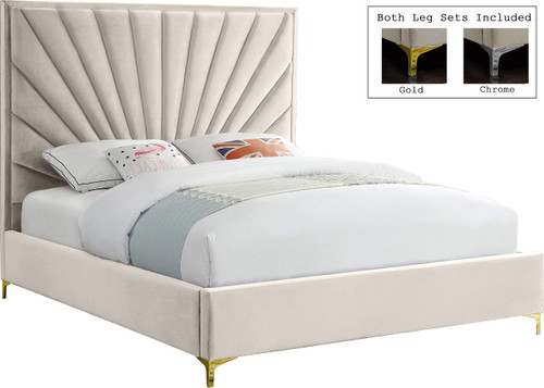 Eclipse Collection Modern | Contemporary Velvet Upholstered Bed with Channel Tufted Design and Complete Sets of Gold and Chrome Legs Included, King, Cream