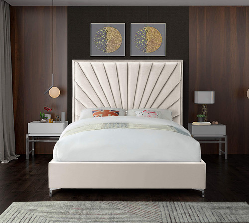Eclipse Collection Modern | Contemporary Velvet Upholstered Bed with Channel Tufted Design and Complete Sets of Gold and Chrome Legs Included, King, Cream