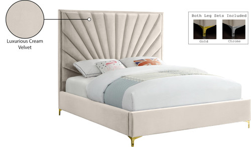 Eclipse Collection Modern | Contemporary Velvet Upholstered Bed with Channel Tufted Design and Complete Sets of Gold and Chrome Legs Included, King, Cream