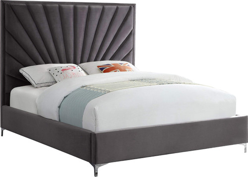 Eclipse Collection Modern | Contemporary Velvet Upholstered Bed with Channel Tufted Design and Complete Sets of Gold and Chrome Legs Included, King, Grey