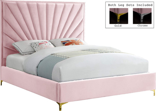 Eclipse Collection Modern | Contemporary Velvet Upholstered Bed with Channel Tufted Design and Complete Sets of Gold and Chrome Legs Included, King, Pink