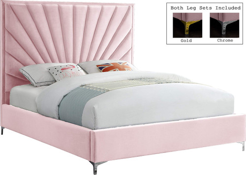 Eclipse Collection Modern | Contemporary Velvet Upholstered Bed with Channel Tufted Design and Complete Sets of Gold and Chrome Legs Included, King, Pink