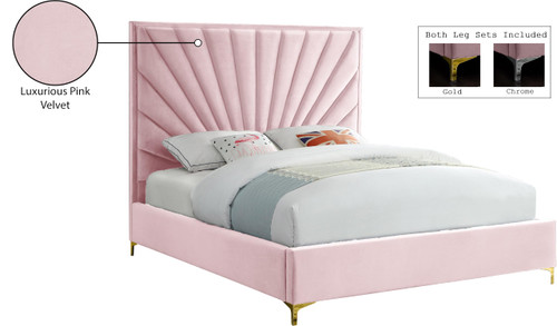 Eclipse Collection Modern | Contemporary Velvet Upholstered Bed with Channel Tufted Design and Complete Sets of Gold and Chrome Legs Included, King, Pink