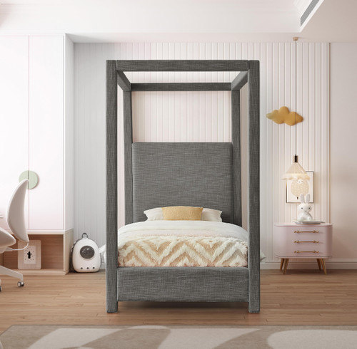 EmersonGrey-T Emerson Collection Mid Century Modern Linen Textured Fabric Upholstered Canopy Bed, 47" W x 81.5" D x 78" H, Grey, Twin
