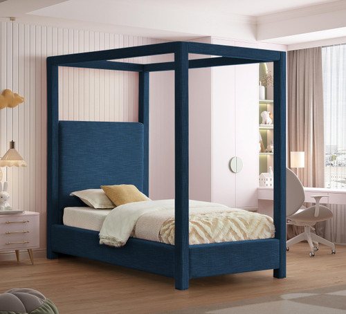 EmersonNavy-T Emerson Collection Mid Century Modern Linen Textured Fabric Upholstered Canopy Bed, 47" W x 81.5" D x 78" H, Navy, Twin