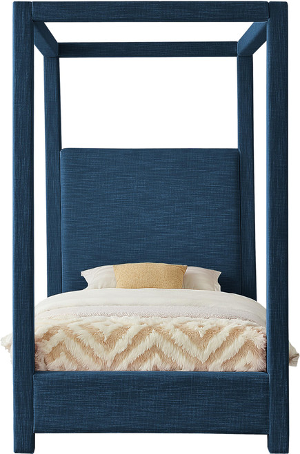 EmersonNavy-T Emerson Collection Mid Century Modern Linen Textured Fabric Upholstered Canopy Bed, 47" W x 81.5" D x 78" H, Navy, Twin