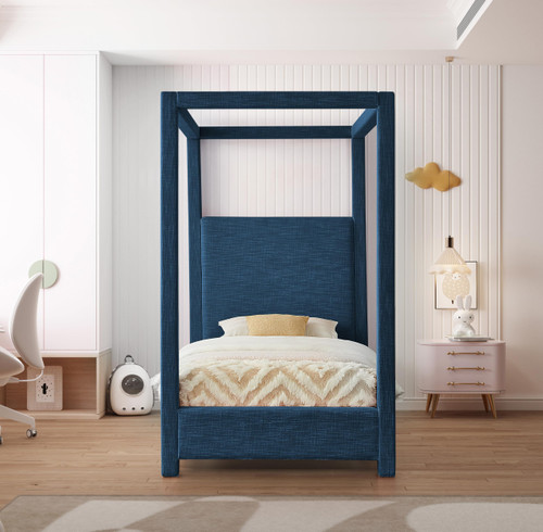 EmersonNavy-T Emerson Collection Mid Century Modern Linen Textured Fabric Upholstered Canopy Bed, 47" W x 81.5" D x 78" H, Navy, Twin