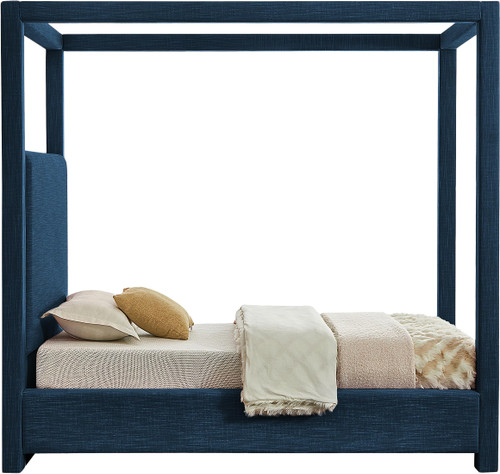 EmersonNavy-T Emerson Collection Mid Century Modern Linen Textured Fabric Upholstered Canopy Bed, 47" W x 81.5" D x 78" H, Navy, Twin