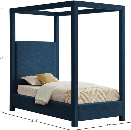 EmersonNavy-T Emerson Collection Mid Century Modern Linen Textured Fabric Upholstered Canopy Bed, 47" W x 81.5" D x 78" H, Navy, Twin