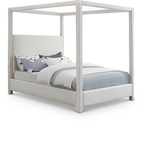 EmersonCream-F Emerson Collection Mid Century Modern Linen Textured Fabric Upholstered Canopy Bed, 59" W x 81.5" D x 78" H, Cream, Full