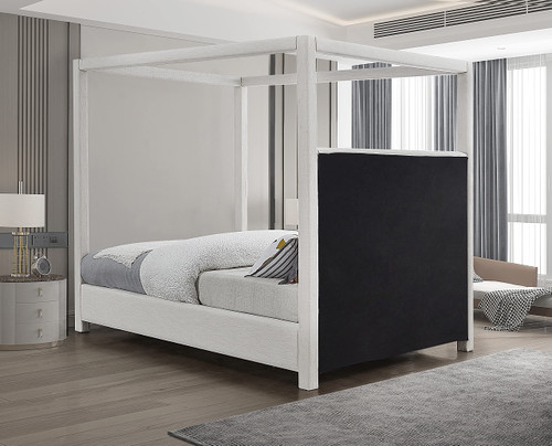 EmersonCream-F Emerson Collection Mid Century Modern Linen Textured Fabric Upholstered Canopy Bed, 59" W x 81.5" D x 78" H, Cream, Full