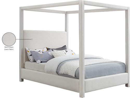 EmersonCream-F Emerson Collection Mid Century Modern Linen Textured Fabric Upholstered Canopy Bed, 59" W x 81.5" D x 78" H, Cream, Full