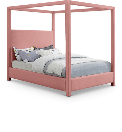 EmersonPink-F Emerson Collection Mid Century Modern Linen Textured Fabric Upholstered Canopy Bed, 59" W x 81.5" D x 78" H, Pink, Full