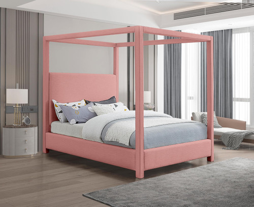 EmersonPink-F Emerson Collection Mid Century Modern Linen Textured Fabric Upholstered Canopy Bed, 59" W x 81.5" D x 78" H, Pink, Full