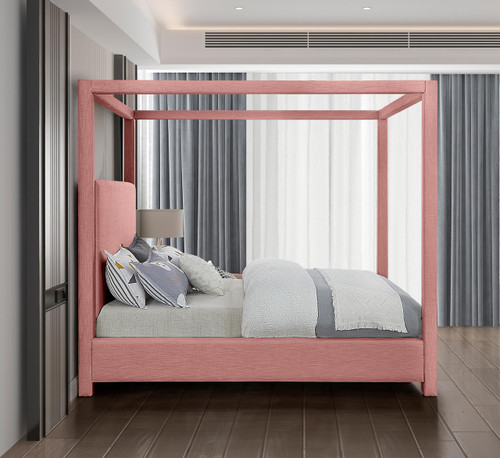 EmersonPink-F Emerson Collection Mid Century Modern Linen Textured Fabric Upholstered Canopy Bed, 59" W x 81.5" D x 78" H, Pink, Full
