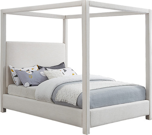 EmersonCream-Q Emerson Collection Mid Century Modern Linen Textured Fabric Upholstered Canopy Bed, 67.5" W x 87.5" D x 79" H, Cream, Queen